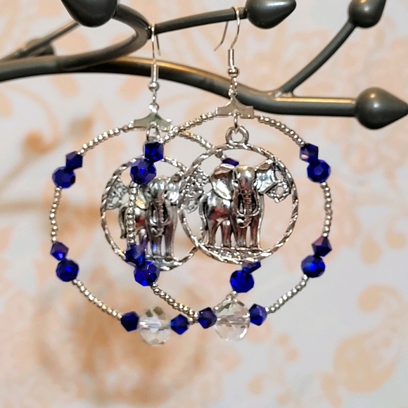 Hand Crafted Jewelry - Royal Blue & Silver Elephant Earrings